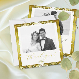 Retro Gold Green Damask Wedding Thank You Card