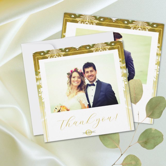 Retro Gold Green Damask Wedding Thank You Card (Creator Uploaded)