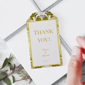 Retro Gold Green Damask Wedding Thank You Gift Tags