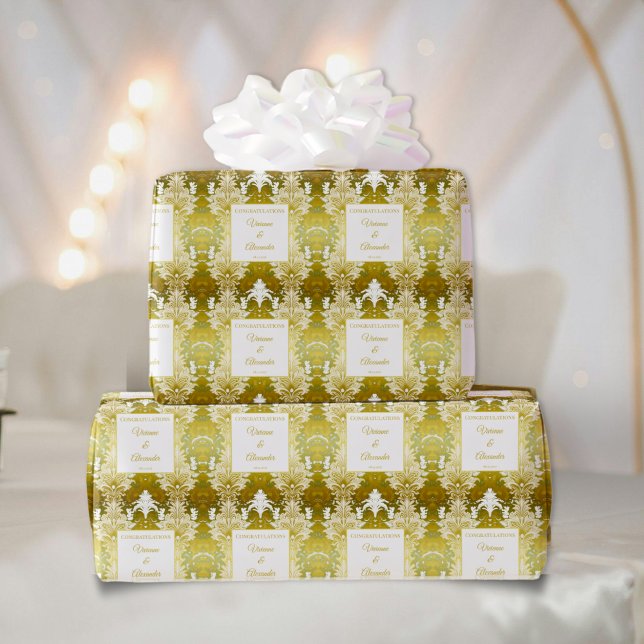 Retro Gold Green Damask Wedding Wrapping Paper (Creator Uploaded)