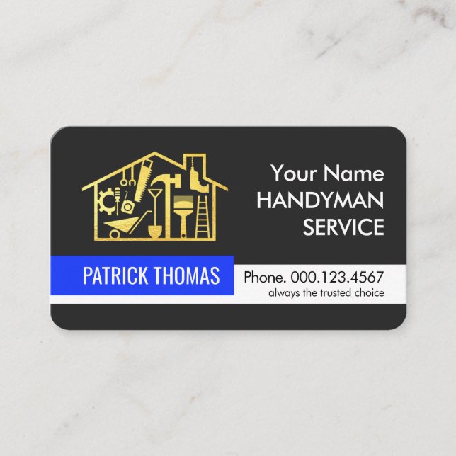 Retro Gold Handyman Tools Building Business Card (Front)