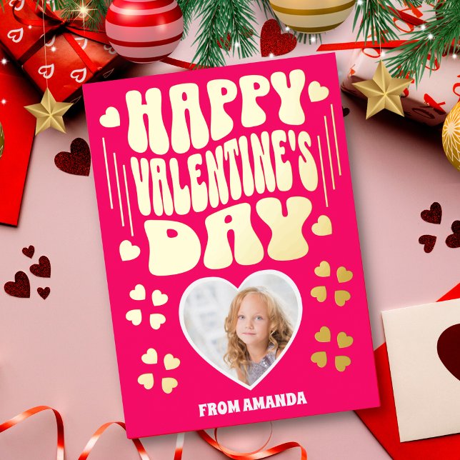 Retro Gold Happy Valentine's Day Kids Photo Card (Creator Uploaded)