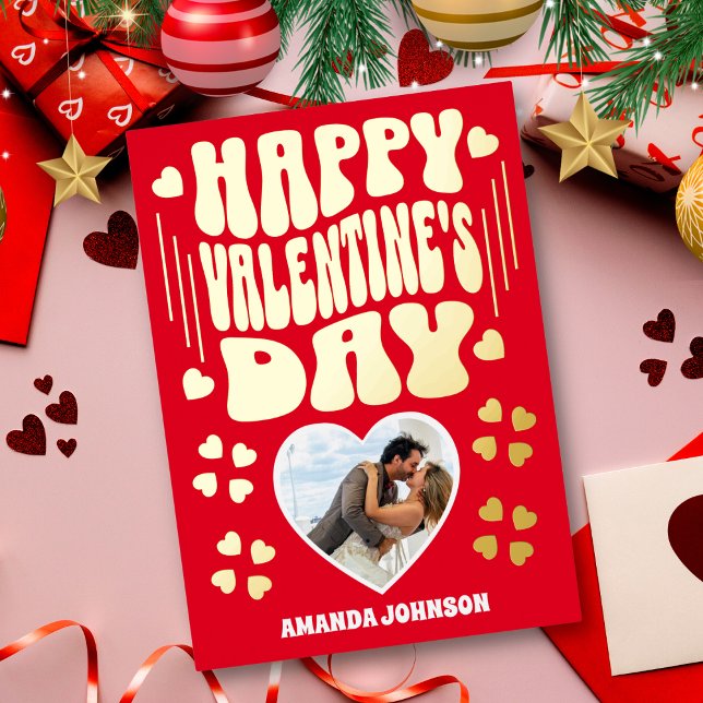 Retro Gold Happy Valentine's Day Photo Card (Creator Uploaded)