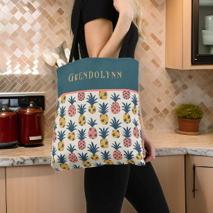 Retro Gold, Pink, and Teal Pinapples with Monogram Tote Bag