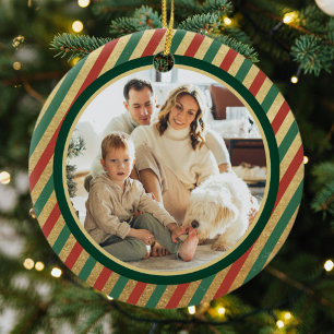 Retro Gold Stripes Family Photo Merry Christmas Ceramic Tree Decoration