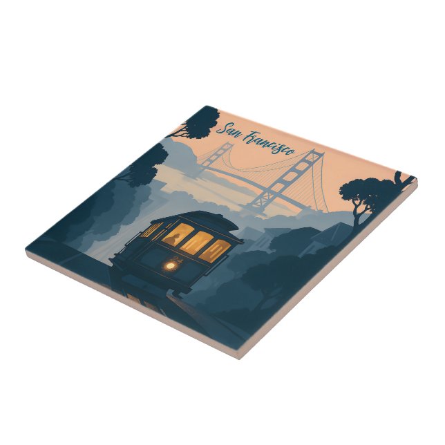 Retro Golden Gate Bridge, Cable Car, San Francisco Tile (Side)