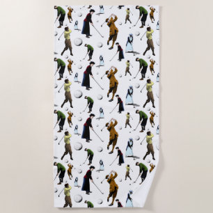 Retro Golfers Pattern Illustrations Beach Towel