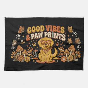 Retro Good Vibes and Paw Prints Golden Retriever Tea Towel