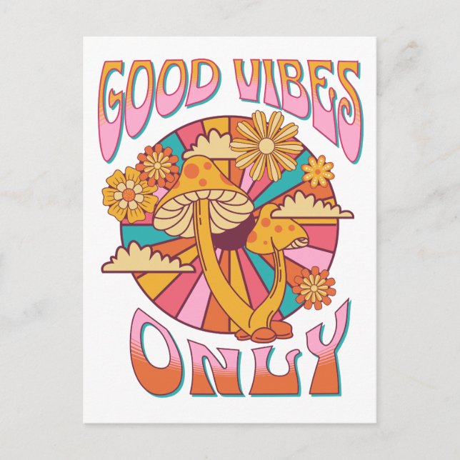 Retro Good Vibes Only Mushroom Postcard (Front)