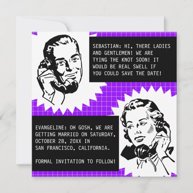 Retro Gossip Couple Save the Date Cards (Front)