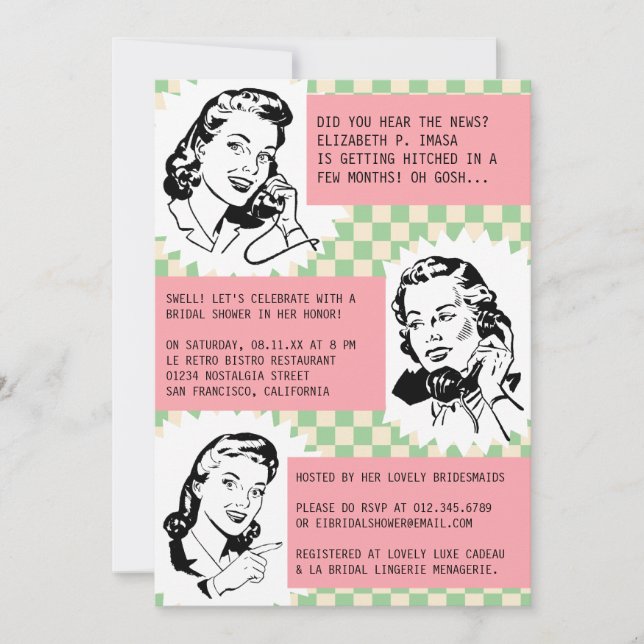 Retro Gossip Gals Bridal Shower Invitations (Front)