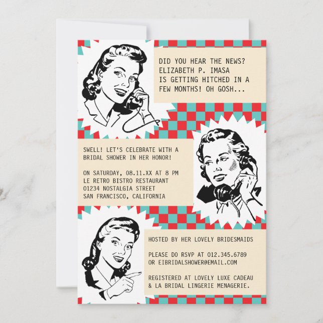 Retro Gossip Gals Bridal Shower Invitations (Front)