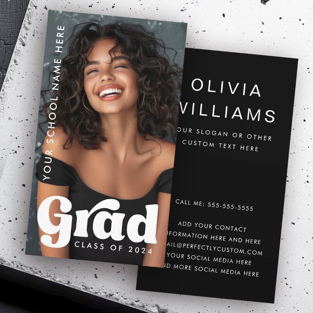 Retro grad overlay student graduation black photo business card (Retro grad overlay student graduation black photo business card)