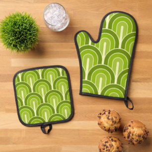 Retro Gradated Geometric Fan Pattern Oven Mitt & Pot Holder Set