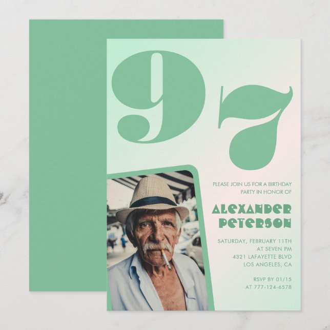 Retro Gradient for him Photo 97th birthday Invitation (Front/Back)