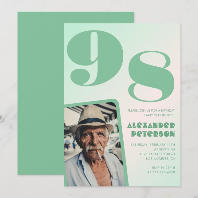 Retro Gradient for him Photo 98th birthday Invitation (Front/Back)