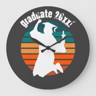 Retro Graduation Graduate Jumping for Joy Rainbow Large Clock