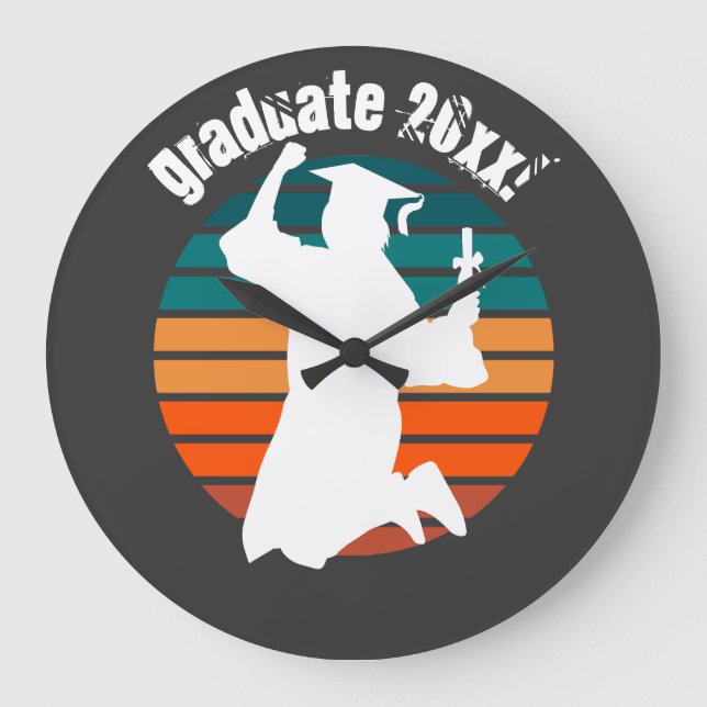 Retro Graduation Graduate Jumping for Joy Rainbow Large Clock (Front)
