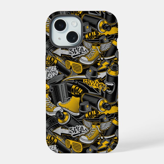 Retro Graffiti Urban Street Pattern iPhone 15 Case (Back)