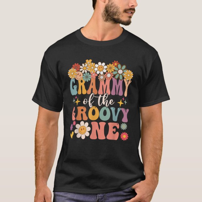 Retro Grammy of Groovy One Matching Family 1st Bir T-Shirt (Front)