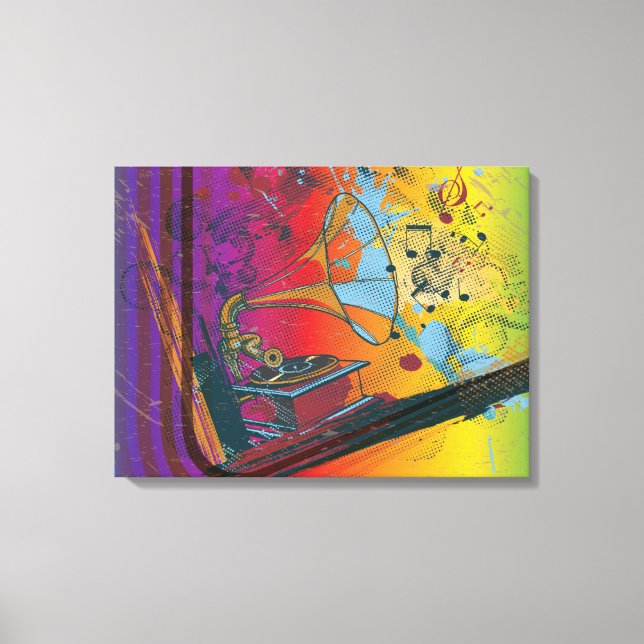 Retro gramophone on rainbow wrapped canvas print (Front)