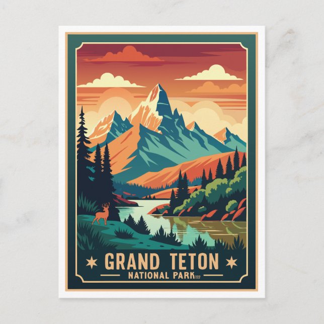 Retro Grand Teton Hike Sunset T-Shirt Postcard (Front)