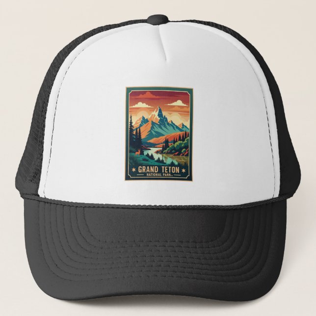Retro Grand Teton Hike Sunset T-Shirt Trucker Hat (Front)
