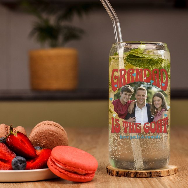 Retro Grandad is the Goat Photo Can Glass (Greatest of all Time Grandad Can Glass with retro design and custom photo)