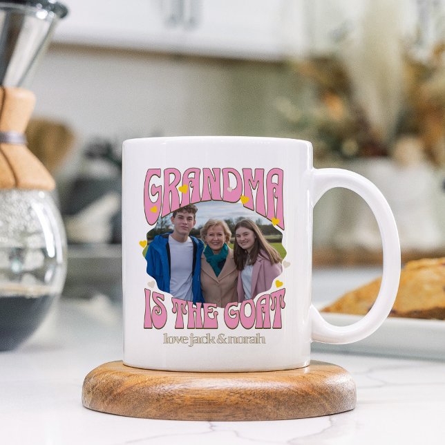 Retro Grandma is the Goat Photo Mug (Retro GOAT mug for greatest grandma of all time with photo and grandkids names)
