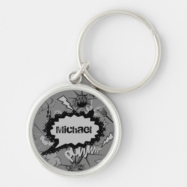 Retro Gray Comic Book Pattern Personalized Key Ring (Front)