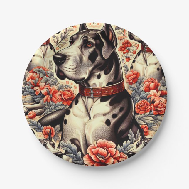 Retro Great Dane Illustration Paper Plate (Front)