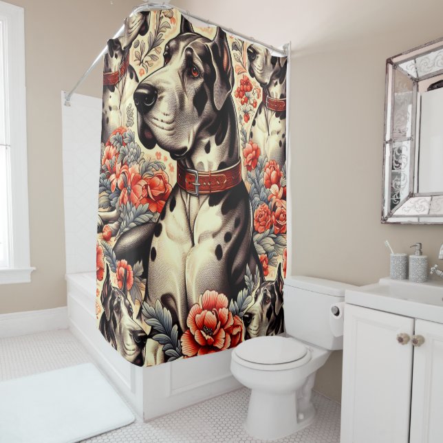 Retro Great Dane Illustration Shower Curtain (In Situ)
