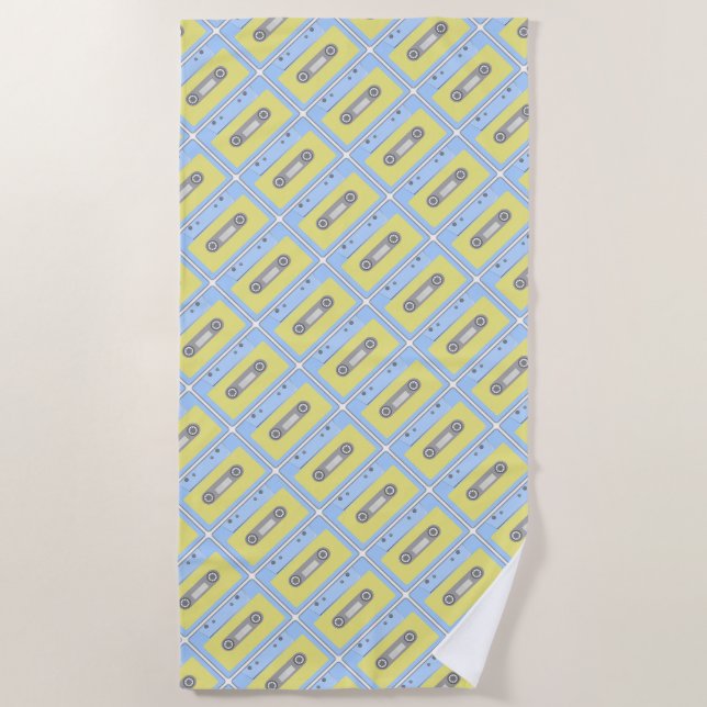 Retro Green and Blue Cassette Tape Pattern Beach Towel (Front)