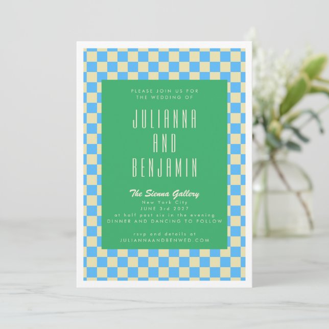 Retro Green and Blue Chequerboard Wedding Invitation (Standing Front)