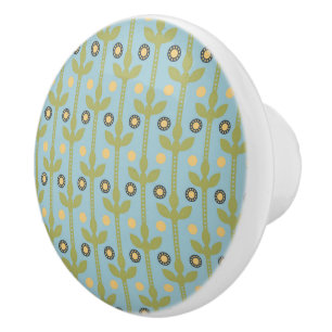 Retro Green and Blue Cute Folksy Floral Pattern Ceramic Knob