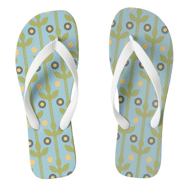 Retro Green and Blue Cute Folksy Floral Pattern Jandals (Footbed)