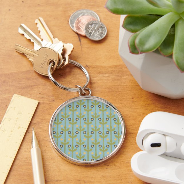 Retro Green and Blue Cute Folksy Floral Pattern Key Ring (Desk)