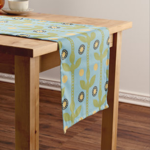 Retro Green and Blue Cute Folksy Floral Pattern Long Table Runner