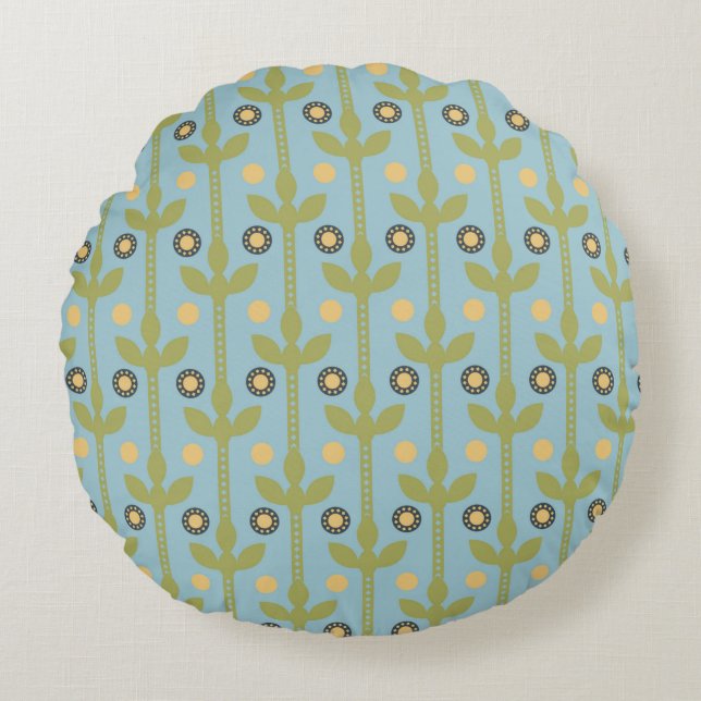 Retro Green and Blue Cute Folksy Floral Pattern Round Cushion (Front)