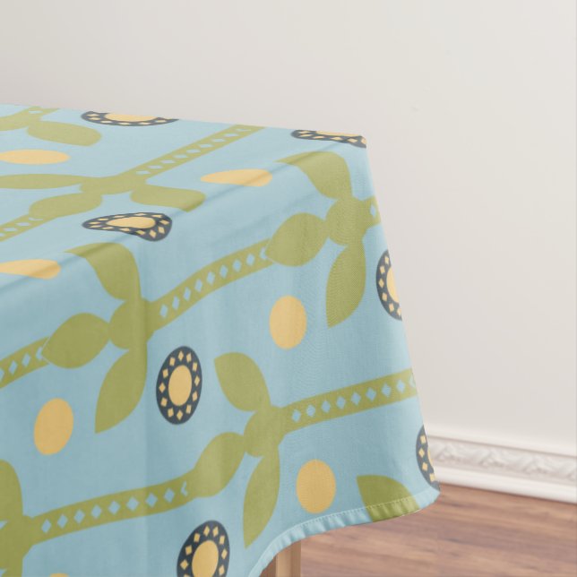 Retro Green and Blue Cute Folksy Floral Pattern Tablecloth (In Situ)
