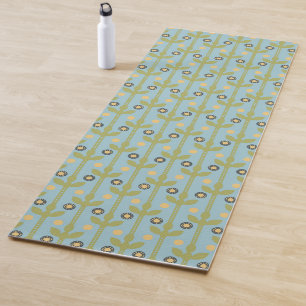 Retro Green and Blue Cute Folksy Floral Pattern Yoga Mat