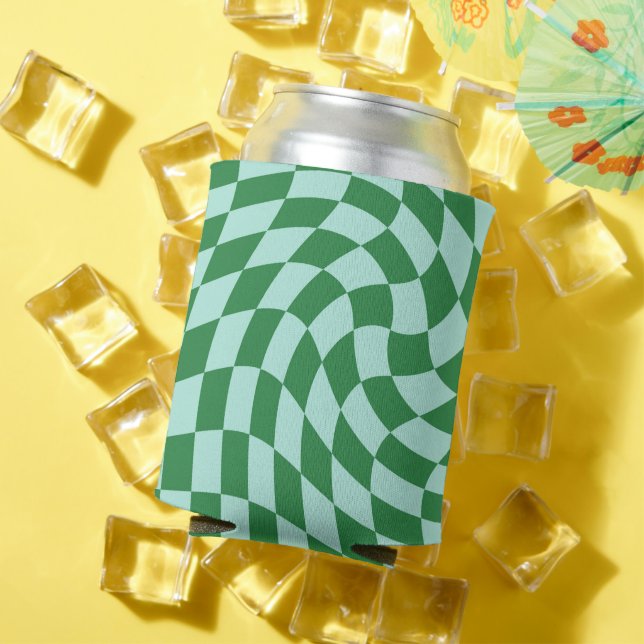 Retro Green And Blue Warped Chequered Chequerboard Can Cooler (In Situ Summer)