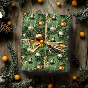 Retro Green and Gold Ornaments Wrapping Paper