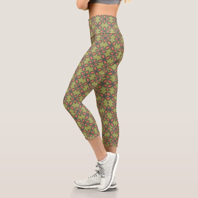 Retro Green and Orange Abstract Floral Pattern Capri Leggings (Left)