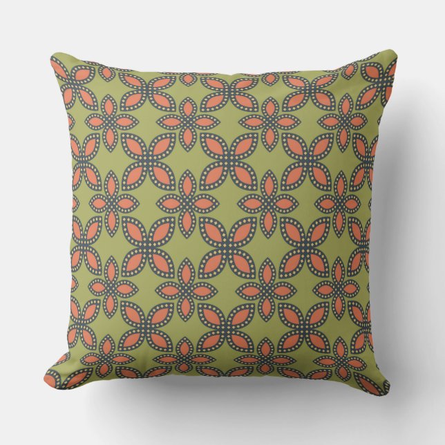 Retro Green and Orange Abstract Floral Pattern Cushion (Front)
