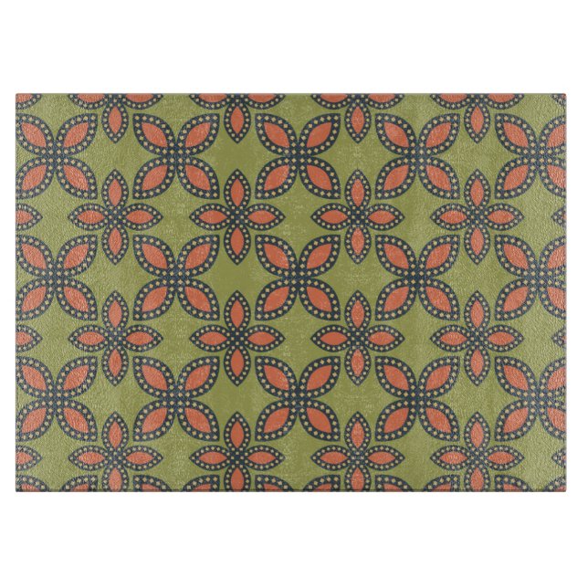 Retro Green and Orange Abstract Floral Pattern Cutting Board (Front)