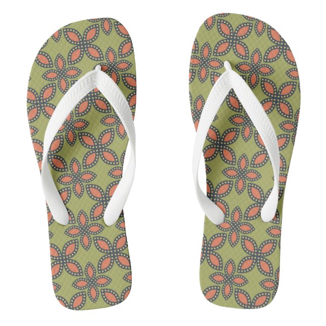 Retro Green and Orange Abstract Floral Pattern Jandals (Footbed)