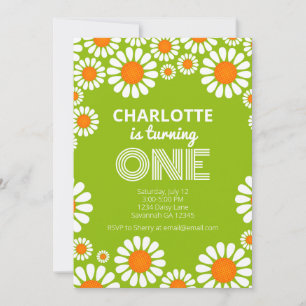Retro Green and Orange Daisy First Birthday Invitation