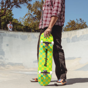 Retro Green and Yellow Checkerboard Skateboard
