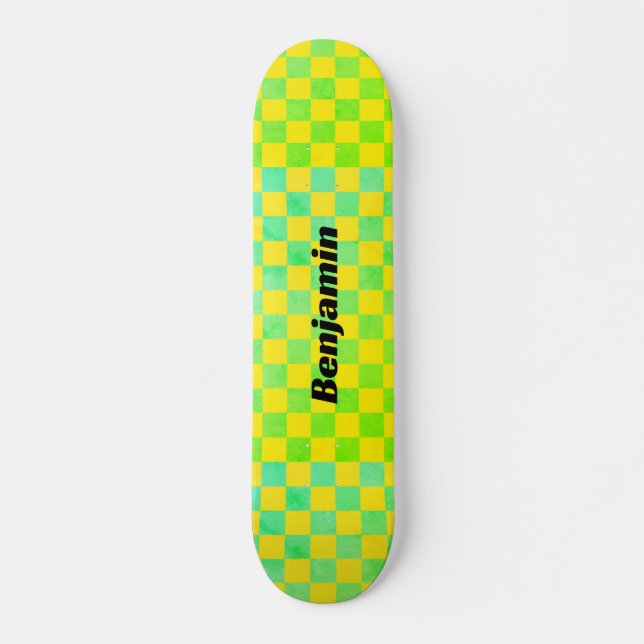 Retro Green and Yellow Chequerboard School  Skateboard (Front)